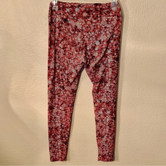 LuLaRoe Leggings OS One Size Tropical Red Orange White Black Waves Spandex - Picture 7 of 10